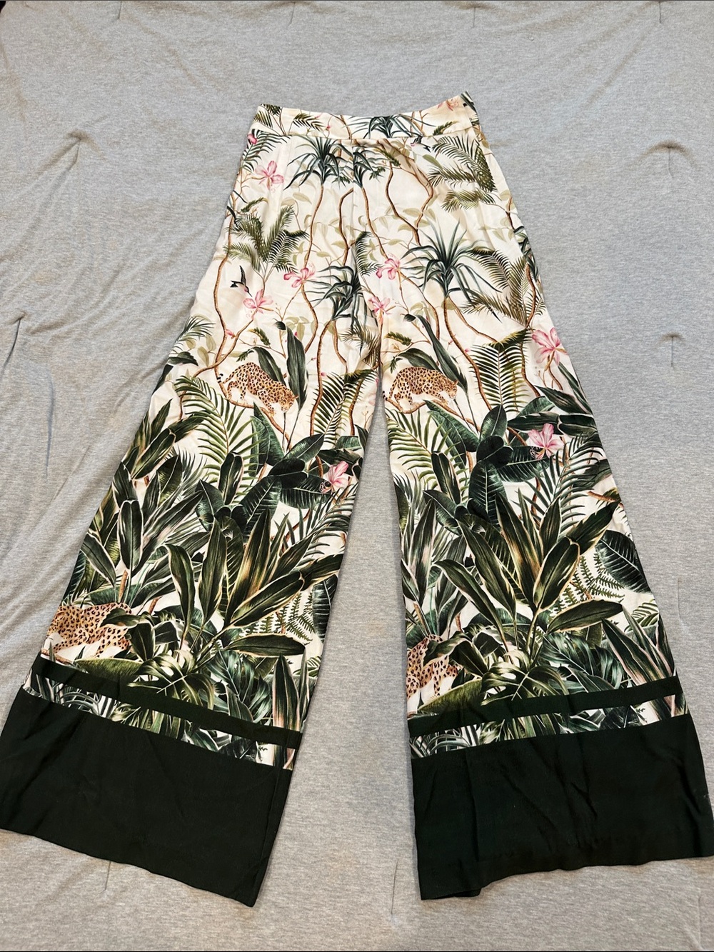 H&M Cream Wide-Leg Tropical Print Palazzo Pants with Green & Pink Accents